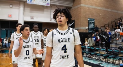 Jan 4, 2025; Gilbert, AZ, USA; Notre Dame High School (CA) forward Tyran Stokes (4) against Sandra Day O'Connor (AZ) during the Hoophall West High School Invitational at Highland High School. Mandatory Credit: Mark J. Rebilas-Imagn Images