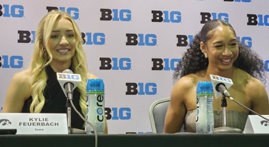 Kylie Feuerbach and Hannah Stuelke spoke to the media at Big Ten Media Day in Chicago. (Photo by Tom Kakert)
