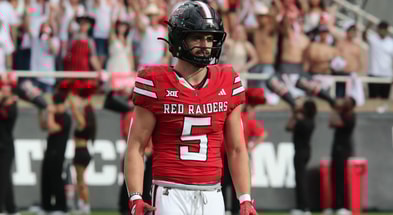 Sep 13, 2025; Lubbock, Texas, USA; Texas Tech Red Raiders defensive safety Cole Wisniewski (5) looks to the sideline in the first half during the game against the Oregon State Beavers at Jones AT&amp;T Stadium. Mandatory Credit: Michael C. Johnson-Imagn Images