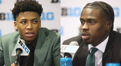 Michigan State's Jeremy Fears (left) and Coen Carr (right) at 2025 Big Ten Media Days. - Talia Sprague, USA TODAY Sports