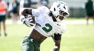 Michigan State's Aydan West runs with the ball during football practice on Monday, Aug. 11, 2025, in East Lansing. - Nick King, USA TODAY Sports