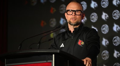 Oct 8, 2025; Charlotte, NC, USA; Louisville head coach Pat Kelsey answers questions from the media at The Hilton Charlotte Uptown. Mandatory Credit: William Howard-Imagn Images