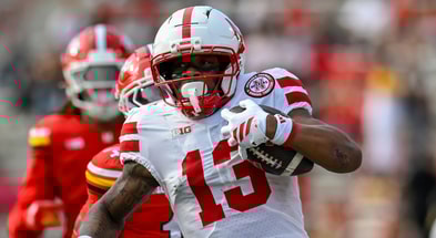 Nebraska football WR Nyziah Hunter scores one of his two TDs during the Huskers' 34-31 win over Maryland