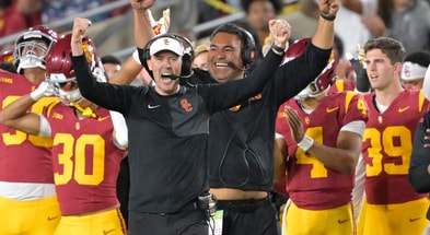 USC Trojans head coach Lincoln Riley celebrates on the sideline