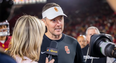 USC head coach Lincoln Riley speaks postgame following a win against Michigan