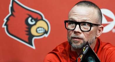 Louisville men's basketball coach Pat Kelsey talks to reporters during the Cardinals' media day for the 2025-26 basketball season on Wednesday Oct. 15, 2025 in Louisville, Kentucky.