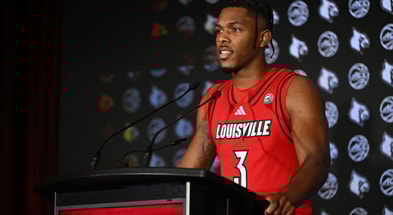 Oct 8, 2025; Charlotte, NC, USA; Louisville player Ryan Conwell answers questions from the media at The Hilton Charlotte Uptown. Mandatory Credit: William Howard-Imagn Images