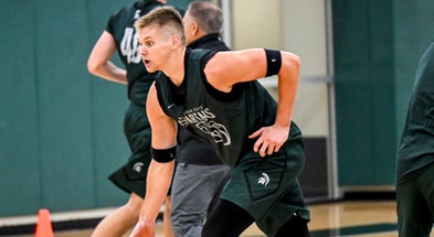 Michigan State's Jaxon Kohler moves with the ball during the first day of basketball practice on Monday, Sept. 22, 2025, at the Breslin Center in East Lansing. - Nick King, USA TODAY Sports