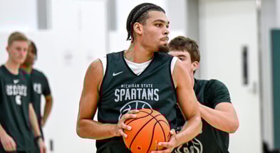 Michigan State's Jesse McCulloch works in the post during the first day of basketball practice on Monday, Sept. 22, 2025, at the Breslin Center in East Lansing. - Nick King, USA TODAY Sports