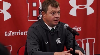 Michigan State HC Adam Nightingale speaks to media after Spartan victory over Boston University on Friday evening