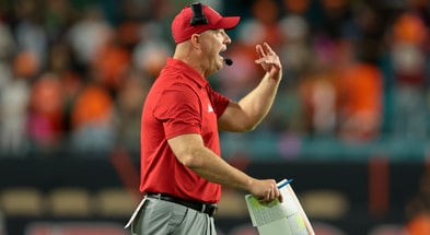 Oct 17, 2025; Miami Gardens, Florida, USA; Louisville Cardinals head coach Jeff Brohm reacts on the sideline against the Miami Hurricanes during the fourth quarter at Hard Rock Stadium. Mandatory Credit: Sam Navarro-Imagn Images