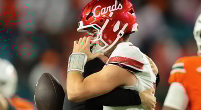 Oct 17, 2025; Miami Gardens, Florida, USA; Louisville Cardinals quarterback Miller Moss (7) celebrates after winning the game against the Miami Hurricanes at Hard Rock Stadium. Mandatory Credit: Sam Navarro-Imagn Images
