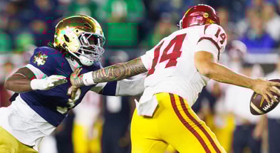 Notre Dame linebacker Jaylen Sneed (3) rushes USC quarterback Jayden Maiava (14) in the first half of a NCAA football game at Notre Dame Stadium on Saturday, Oct. 18, 2025, in South Bend