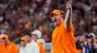 Brianna Paciorka/News Sentinel / USA TODAY NETWORK via Imagn Images | Tennessee coach Josh Heupel points to the running clock while yelling at the referees for a timeout during a college football game between Tennessee and Alabama at Bryant-Denny Stadium in Tuscaloosa, Ala., on Oct. 18, 2025.