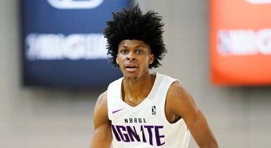 Dec 22, 2022; Las Vegas, NV, USA; NBA G League Ignite guard London Johnson (2) dribbles the ball during the first half against the Greensboro Swarm at Mandalay Bay Convention Center. Mandatory Credit: Lucas Peltier-Imagn Images