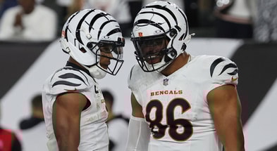 Noah Fant caught a touchdown pass in the Bengals Thursday Night win over Pittsburgh. (Photo by Joseph Maiorana-Imagn Images)