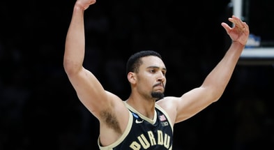 Purdue Boilermakers forward Trey Kaufman-Renn (4) pumps up the crowd Saturday, March 29, 2025, during the NCAA Tournament Sweet 16 game against the Houston Cougars at Lucas Oil Stadium in Indianapolis. Houston Cougars won 62-60. © Alex Martin/Journal and Courier / USA TODAY NETWORK via Imagn Images