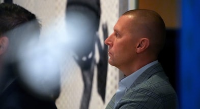 Oct 14, 2025; Birmingham, Alabama, USA; Kentucky head coach Mark Pope waits to speak at SEC Media Day in the Grand Bohemian Hotel. © Gary Cosby Jr. / USA TODAY NETWORK via Imagn Images