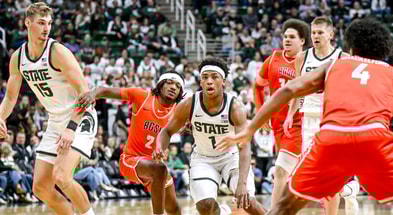 Michigan State's Jeremy Fears Jr., center moves the ball against Bowling Green during the first half on Thursday, Oct. 23, 2025, at the Breslin Center in East Lansing. - Nick King, USA TODAY Sports