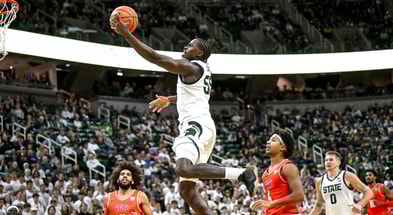Michigan State's Coen Carr scores against Bowling Green during the second half on Thursday, Oct. 23, 2025, at the Breslin Center in East Lansing. - Nick King, USA TODAY Sports