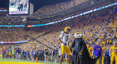 Sep 13, 2025; Baton Rouge, Louisiana, USA; LSU Tigers cornerback DJ Pickett (3) reacts to intercepting the ball from Florida Gators quarterback DJ Lagway (not pictured) during the second half at Tiger Stadium. Mandatory Credit: Stephen Lew-Imagn Images