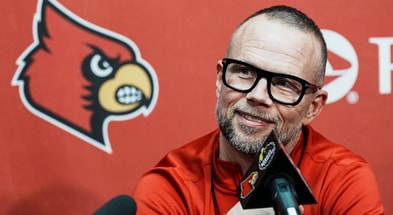 Louisville men's basketball coach Pat Kelsey talks to reporters during the Cardinals' media day for the 2025-26 basketball season on Wednesday Oct. 15, 2025 in Louisville, Kentucky.