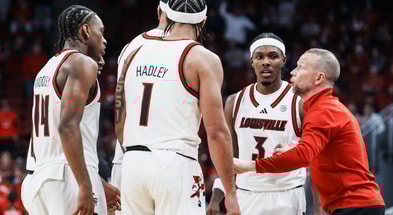 Louisville Cardinals men's basketball coach Pat Kelsey talks to his team during the exhibition game against Kansas at the KFC Yum! Center in Louisville, Kentucky Friday, October 24, 2025.