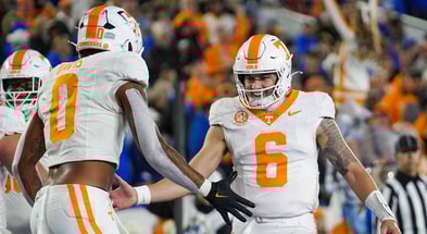 Angelina Alcantar/News Sentinel / USA TODAY NETWORK via Imagn Images | Tennessee quarterback Joey Aguilar (6) and Tennessee tight end Ethan Davis (0) celebrate after a touchdown during a NCAA football game against Kentucky at Kroger Field in Lexington, Kentucky on Oct. 25, 2025.