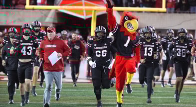 Louisville comes out onto the field before the game against Boston College Saturday night at L&N Stadium. Oct. 25, 2025