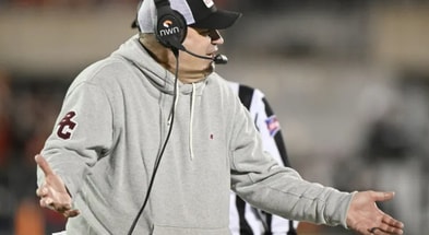 Boston College Eagles head coach Bill O'Brien questions a call during the second half against the Louisville Cardinals at L&N Federal Credit Union Stadium. Louisville defeated Boston College 38-24. Photo credit Jamie Rhodes/Imagn Images