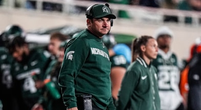 Michigan State head coach Jonathan Smith watches a play against Michigan during the second half at Spartan Stadium in East Lansing on Saturday, October 25, 2025. - Junfu Han, USA TODAY Sports