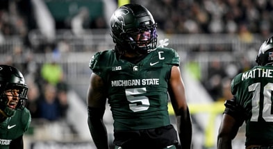 Michigan State's Jordan Hall celebrates after a stop against Michigan during the second quarter on Saturday, Oct. 25, 2025, at Spartan Stadium in East Lansing. - Nick King, USA TODAY Sports