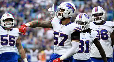 AJ Epenesa had an interception in the Bills win over Carolina. (Photo by Bob Donnan-Imagn Images)