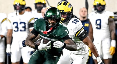Michigan State's Omari Kelly runs after a catch against Michigan during the fourth quarter on Saturday, Oct. 25, 2025, at Spartan Stadium in East Lansing. - Nick King, USA TODAY Sports