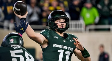 Michigan State's Alessio Milivojevic throws a pass against Michigan during the fourth quarter on Saturday, Oct. 25, 2025, at Spartan Stadium in East Lansing. - Nick King, USA TODAY Sports