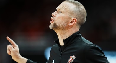 Louisville Cardinals head coach Pat Kelsey coaches from the sideline as the Cards play against visiting Bucknell at the KFC Yum! Center in Louisville, Kentucky Tuesday October 28, 2028.