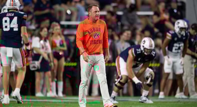 Auburn Tigers head coach Hugh Freeze walks the field during warm ups before Auburn Tigers take on Missouri Tigers at Jordan-Hare Stadium in Auburn, Ala. on Saturday, Oct. 18, 2025. (© Jake Crandall/ Advertiser / USA TODAY NETWORK via Imagn Images)