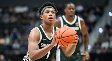 Michigan State Spartans guard Jeremy Fears Jr. (1) shoots a free throw during the second half against the Connecticut Huskies at PeoplesBank Arena. - Mark Smith, USA TODAY Sports