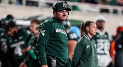 Michigan State head coach Jonathan Smith watches a play against Michigan during the second half at Spartan Stadium in East Lansing on Saturday, October 25, 2025. - Junfu Han, USA TODAY Sports