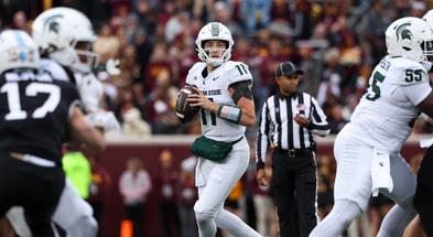 Michigan State Spartans quarterback Alessio Milivojevic (11) looks to pass against the Minnesota Golden Gophers during the first half at Huntington Bank Stadium. - Matt Krohn, USA TODAY Sports