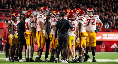 The USC Trojans huddle before taking the field against the Nebraska Cornhuskers