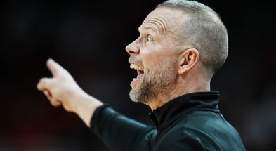 Louisville Cardinals head coach Pat Kelsey coaches from the sideline as the Cards play against visiting Bucknell at the KFC Yum! Center in Louisville, Kentucky Tuesday October 28, 2028.