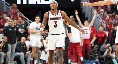 Louisville Cardinals guard Ryan Conwell (3) after scoring a three-point shot against Bucknell during an exhibition game at the KFC Yum! Center in Louisville, Kentucky Tuesday October 28, 2025.