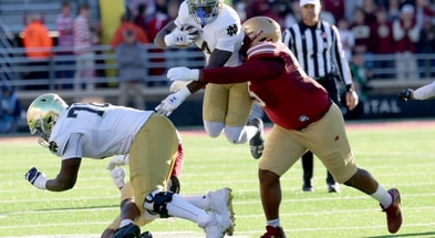 BC's Kwan Williams makes a tackle during a 25-10 loss to Notre Dame (11/1/25) by Mark Stockwell/AP