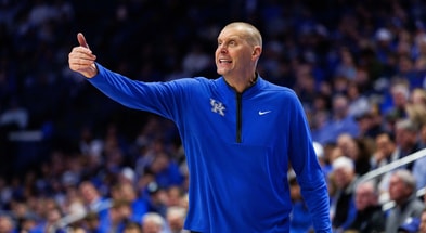 Oct 30, 2025; Lexington, KY, USA; Kentucky Wildcats head coach Mark Pope calls out to his players during the first half against the Georgetown Hoyas at Rupp Arena at Central Bank Center. Mandatory Credit: Jordan Prather-Imagn Images