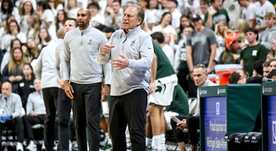 Michigan State's coach Tom Izzo calls out to players during the first half in the game against Bowling Green on Thursday, Oct. 23, 2025, at the Breslin Center in East Lansing. - Nick King, USA TODAY Sports