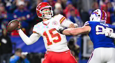 Nov 2, 2025; Orchard Park, New York, USA; Kansas City Chiefs quarterback Patrick Mahomes (15) throws the ball in the second half against the Buffalo Bills at Highmark Stadium.