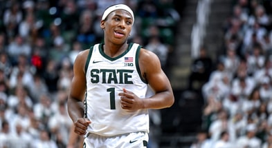 Michigan State's Jeremy Fears Jr. looks at Colgate's bench after his steal and score during the first half on Monday, Nov. 3, 2025, at the Breslin Center in East Lansing. - Nick King, USA TODAY Sports