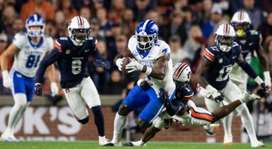 Kentucky Wildcats wide receiver Kendrick Law (1) runs upfield after a catch as Auburn Tigers take on Kentucky Wildcats at Jordan-Hare Stadium in Auburn, Ala. on Saturday, Nov. 1, 2025. (© Jake Crandall/ Advertiser / USA TODAY NETWORK via Imagn Images)