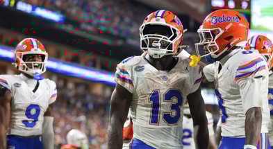 Sep 20, 2025; Miami Gardens, Florida, USA; Florida Gators running back Jadan Baugh (13) celebrates after scoring a touchdown against the Miami Hurricanes during the third quarter at Hard Rock Stadium. Mandatory Credit: Sam Navarro-Imagn Images